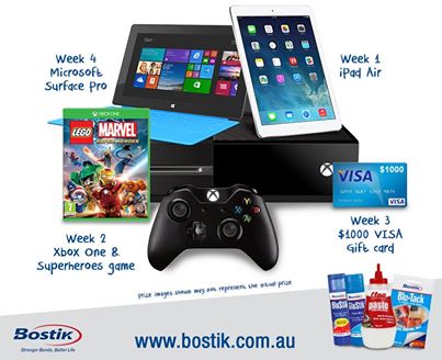 Bostik – Win iPad, X Box, Visa Card or Microsoft Surface Pro per week or 1 of 30 instant win school packs