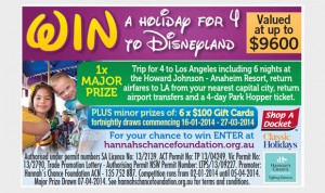 Hannah’s Chance Foundation – Shop A Docket – Win a trip for 4 to Disneyland OR 1/6 $100 Myer Gift Cards