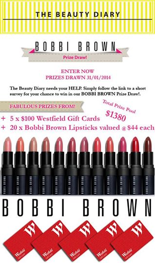 The Beauty Diary – Win $100 Westfield Gift Cards + Bobbi Brown Lipsticks – Survey Competition