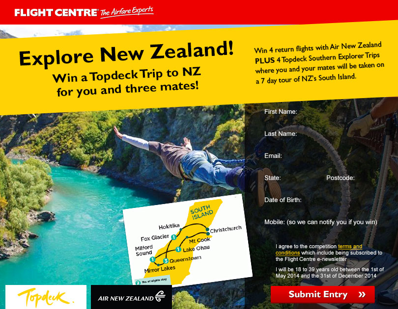 Flight Centre – Win a Topdeck Trip to New Zealand 2014 for you and three mates