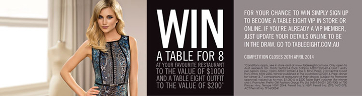 Table Eight – Win a $1,000 table for 8 at your favourite restaurant