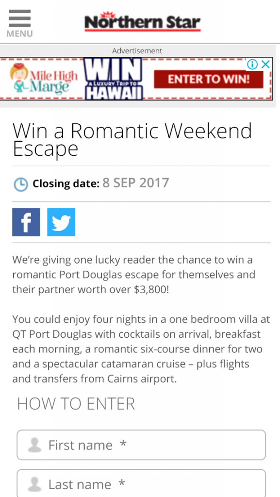 APN Newspapers – Win A Romantic Port Douglas Escape For Themselves And (prize valued at  $3,800)