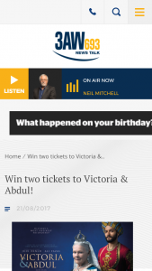 3AW – Win Two Tickets To 3aw’s Advance Screening Of Victoria Abdul Wednesday September 13 At Hoyts Melbourne Central