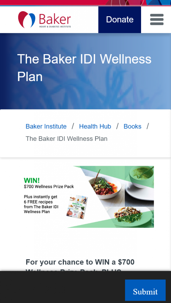 Baker Heart and Diabetes Institute – Win a $700 Wellness Prize Pack Plus Receive 6 Free Recipes from The Baker IDI Wellness Plan (prize valued at $780)
