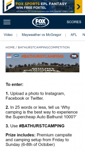 Fox Sports – Win the Bathurst camping experience valued at $5,677