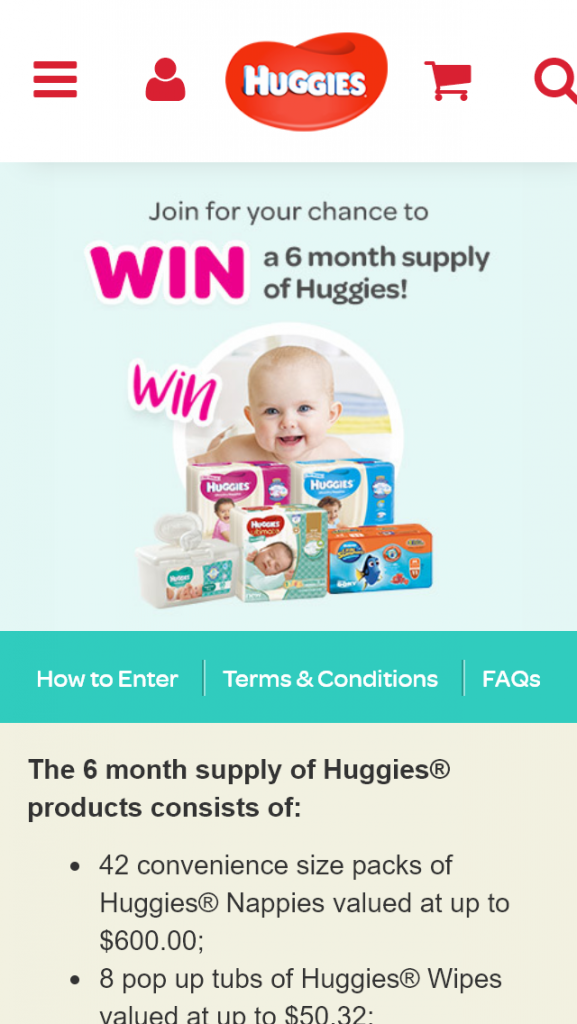 Kimberly Clark / Join Huggies Club – Win Six Months Supply Of Huggies Products (prize valued at $810.46)