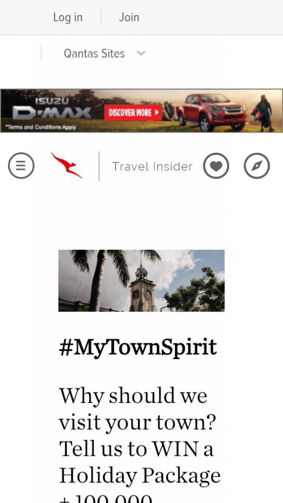 Qantas Travel Insider / Post an original #Mytownspirit video  – Win 100,000 Qantas Points