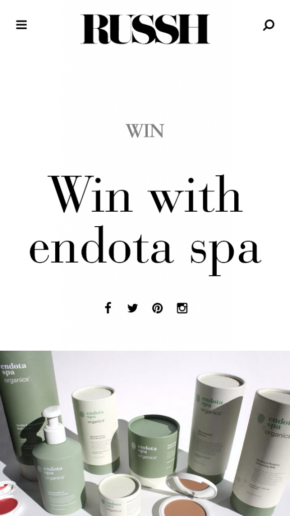 Russh – Win 1 X Endota Spa Organic Relax Massage  Endota Spa Organics Skincare  Endota Spa Colour Cosmetics Pack valued at $500