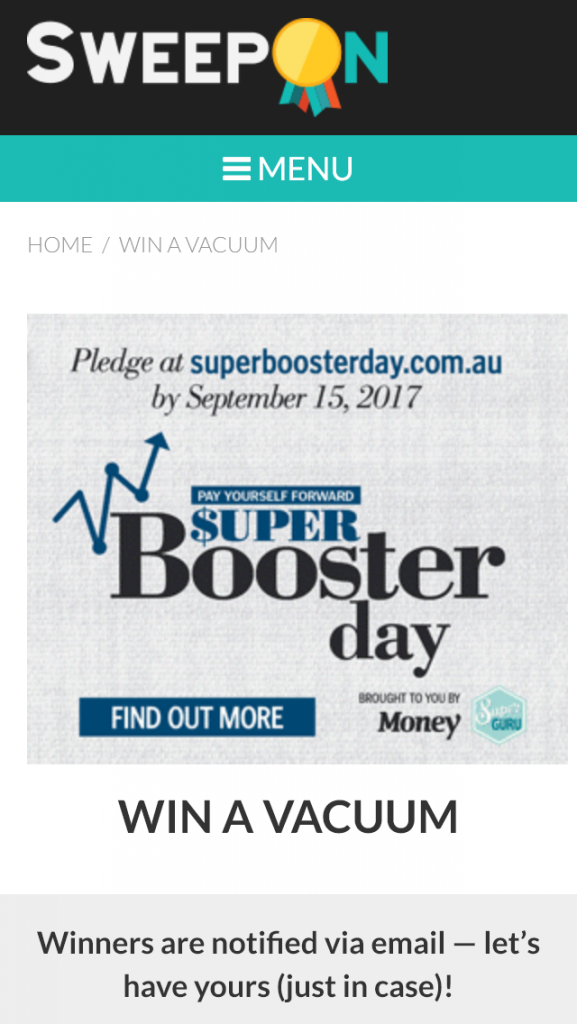 Sweepon – Win A Vacuum  (prize valued at  $429)
