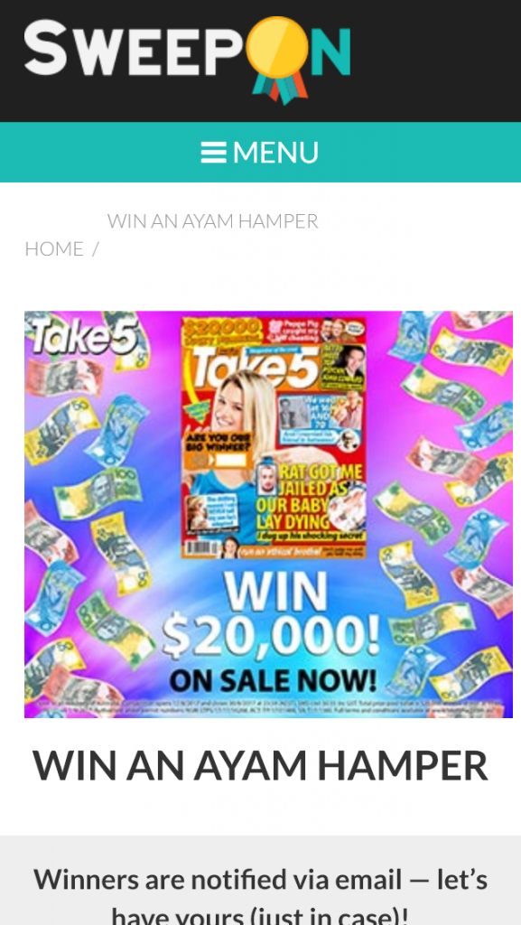 Sweepon – Win An Ayam Hamper Containing (prize valued at  $200)