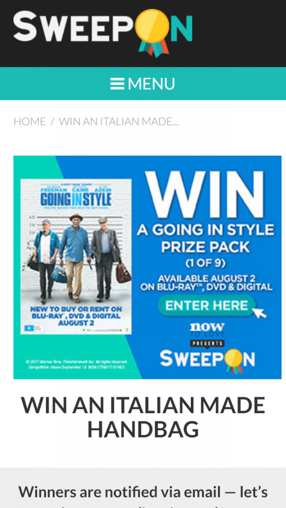 Sweepon – Win An Italian Made Handbag (prize valued at  $405)
