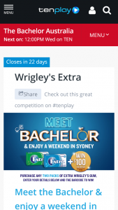 Channel Ten – Meet Bachelor and have weekend in Sydney – Competition (prize valued at $18,250.)