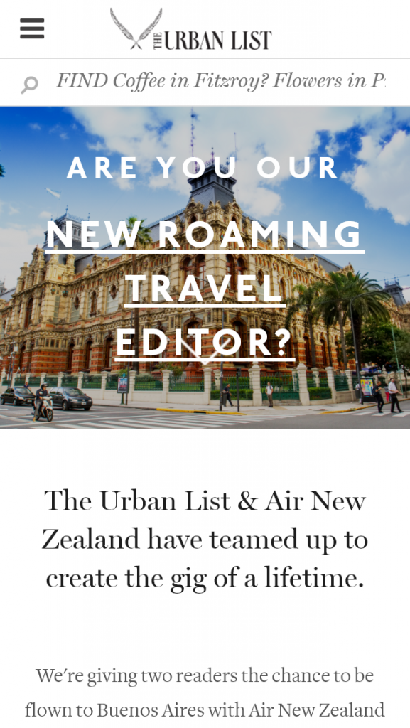 The Urban List  Air New Zealand – Win A Trip To Argentina with Air New Zealand – Buenos Aires (prize valued at $8,000)