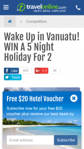 Travel online – Win A Holiday To Vanuatu (prize valued at  $3,600)