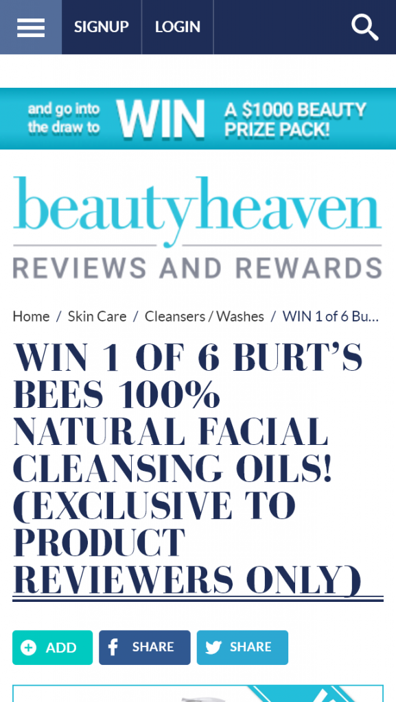 Beauty Heaven – Win 1 Of 6 Burt’s Bees 100% Natural Facial Cleansing Oils (prize valued at  $210)