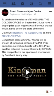 Event Cinemas Myer Centre – Win Kingsmanthe Golden Circle Must Collect