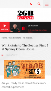 2GB – Win 1 0f 5 Dp To The Beatles First 5 At Sydney Opera House