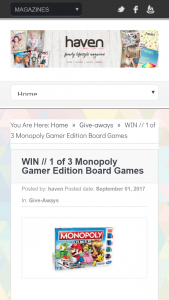 Haven Magazine – Win 1 Of 3 Monopoly Gamer Edition Board Games (prize valued at  $45)