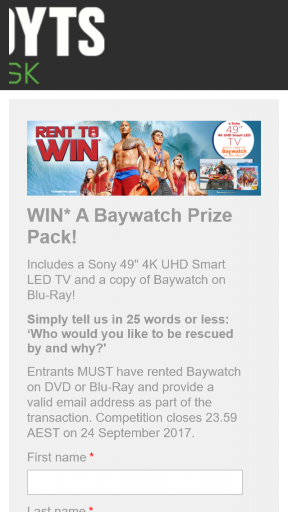 Hoyts Kiosk – Win A Sony 49″ 4k UHD Smart Led Tv And A Copy Of Baywatch On Blu-Ray (prize valued at  $1,235)
