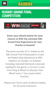 Huawei – Win The Ultimate Nrl Grand Final Experience For Two (prize valued at  $2,630)