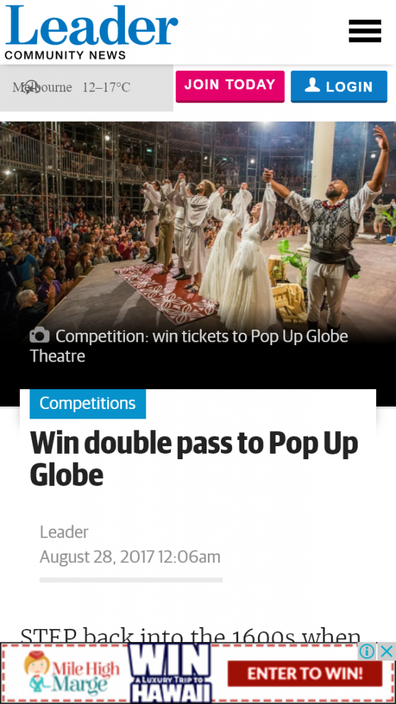 Leader Community News – Win Double Pass to Pop Up Globe (prize valued at $200)