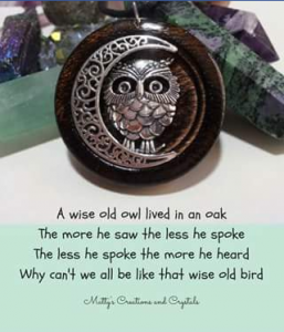 Matty’s Creations  Crystals – Win This Owl And Moon Pendant