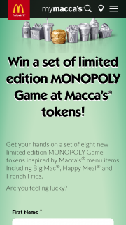 McDonalds – Win A Set Of Limited Edition Monopoly Game At Macca’s Tokens