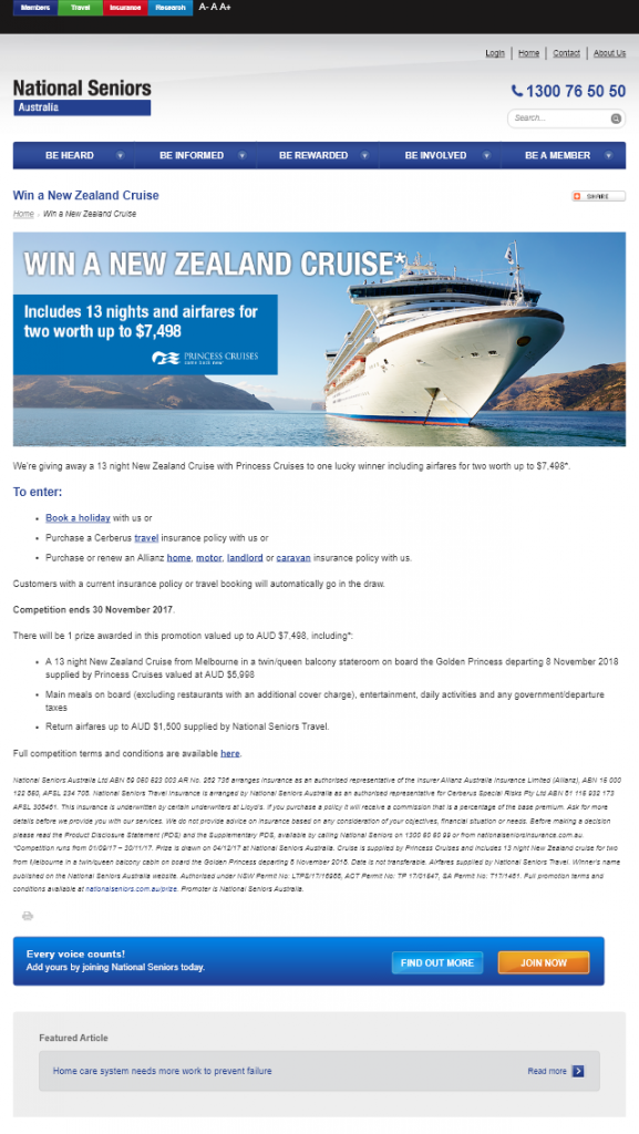 National Seniors  – Win A 13 Night New Zealand Cruise With Princess Cruises (prize valued at $7,498)