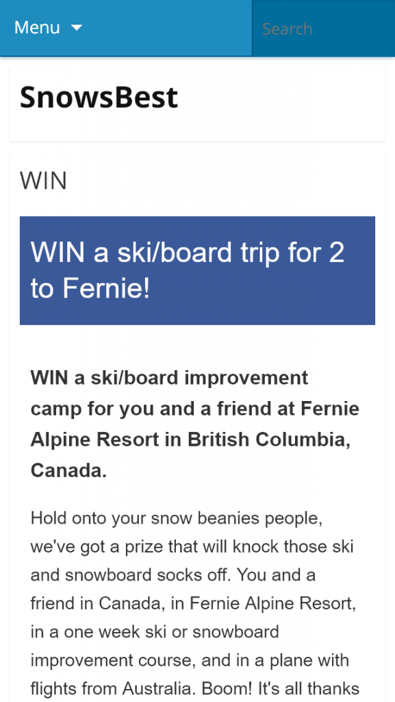 SnowsBest – Win A Ski/board Trip For 2 To Fernie (prize valued at  $9,860)