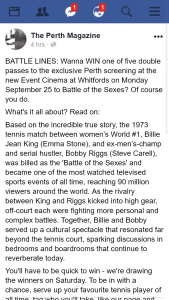 The Perth Magazine – Win 1/5Double Passes To The Exclusive Perth Screening Of Battle Of The Sexes At The New Event Cinema