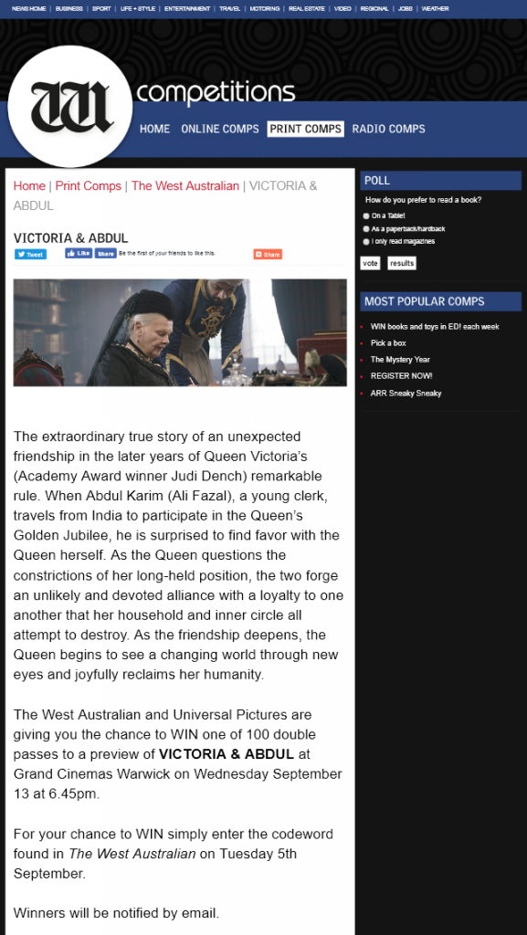 The West Australian –  WIN one of 100 double passes to a preview of VICTORIA & ABDUL at Grand Cinemas Warwick