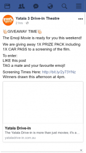 Yatala 3 Drive-In Theatre – Win a Car Pass to See The Emoji Movie this Weekend Drawn @4pm