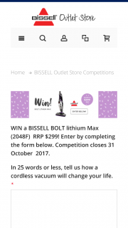 Bissell – Win a Bissell Bolt Lithium Max (2048f) RRP $299 (prize valued at $299)