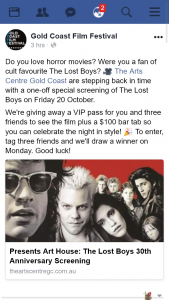 Gold Coast Film Festival – Win VIP Pass to See The Lost Boys Gold Coast Arts Centre