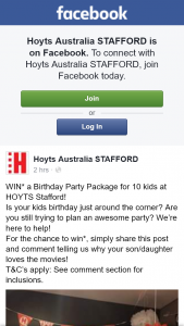 Hoyts cinemas Stafford – Win a Birthday Party Package for 10 Kids at Hoyts Stafford (prize valued at $250)