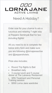 Lorna Jane – Win a Trip for Two (2) People to Bali (prize valued at $9,500)
