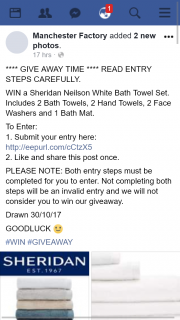 Manchester Factory – Win a Sheridan Neilson White Bath Towel Set