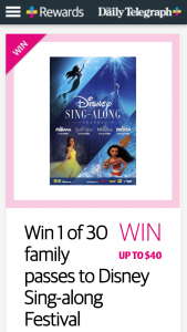 Plusrewards – Win 1 of 30 Family Passes to Disney Sing-Along Festival (prize valued at $1,200)