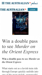 The Australian Plus – Win a Double Pass to See Murder on The Orient Express (prize valued at $4,800)