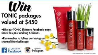 Tonic Skincare FB – Win tonic skincare packages valued at $450 (prize valued at $450)