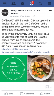Lutwyche City – Win a Free Regular Roast Meal for Two