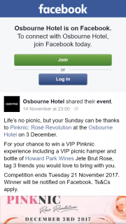 Osbourne Hotel Brisbane – Win a VIP Pinknic Experience Including a VIP Picnic Hamper and Bottle of Howard Park Wines Jete Brut Rose (prize valued at $1)