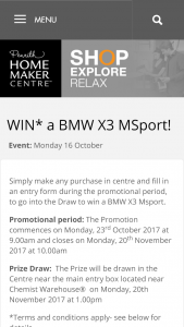 Penrith Homemaker Centre – Win a Bmw X3 Msport (prize valued at $78,390)