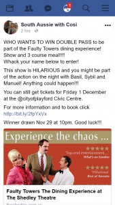 South Aussie with Cossi – Win a Double Pass to Be Part of The Faulty Towers Dining Experience@cityoFamily Passlayford Civic Centre