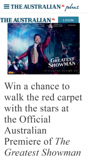 The Australian plusrewards – Win a Chance to Walk The Red Carpet With The Stars at The Official Australian Premiere of The Greatest Showman (prize valued at $16,650)