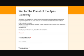 War for the Planet of the Apes Giveaway – Win a Gold Class Movie Package (prize valued at $2,000)