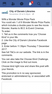 City of Darwin Library – Win a Wonder Movie Prize Pack