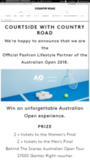 Country Road – Win an Unforgettable Australian Open Experience (prize valued at $6,965)