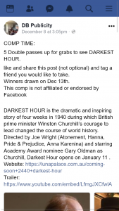 DB Publicity – Win One of Five Darkest Hour Double Passes