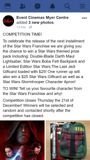 Event Cinemas Myer Centre – Win a Star Wars Themed Prize Pack Including